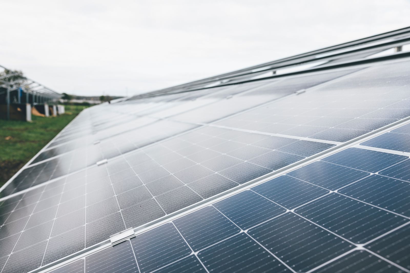 Close view of modules at a solar garden